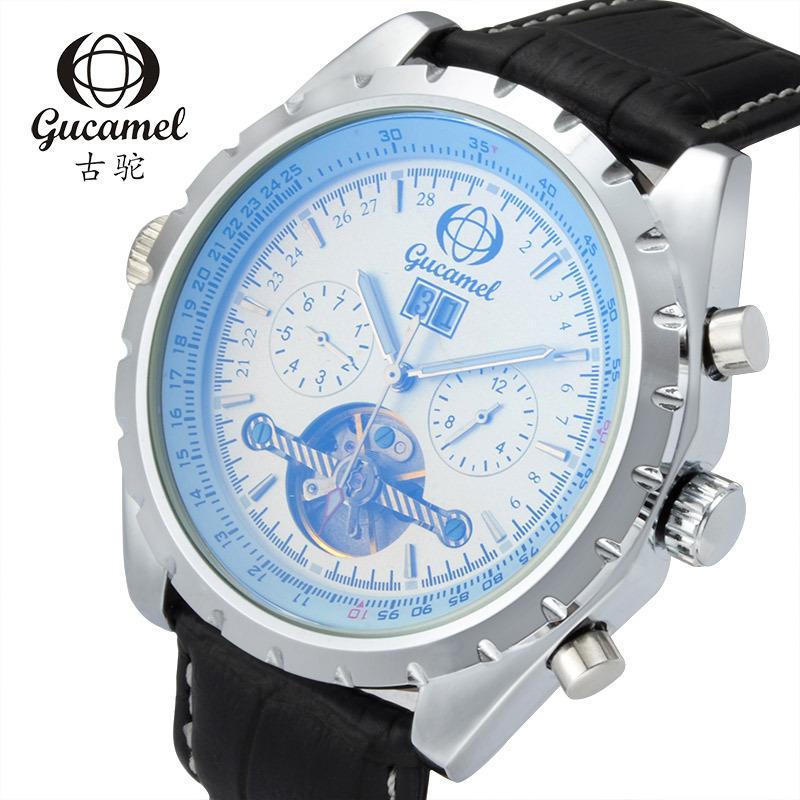 

GUCAMEL Механические часы сзади со светящимся дисплеем и турбийоном Мужские спортивные часы с ремнем Мужские часы