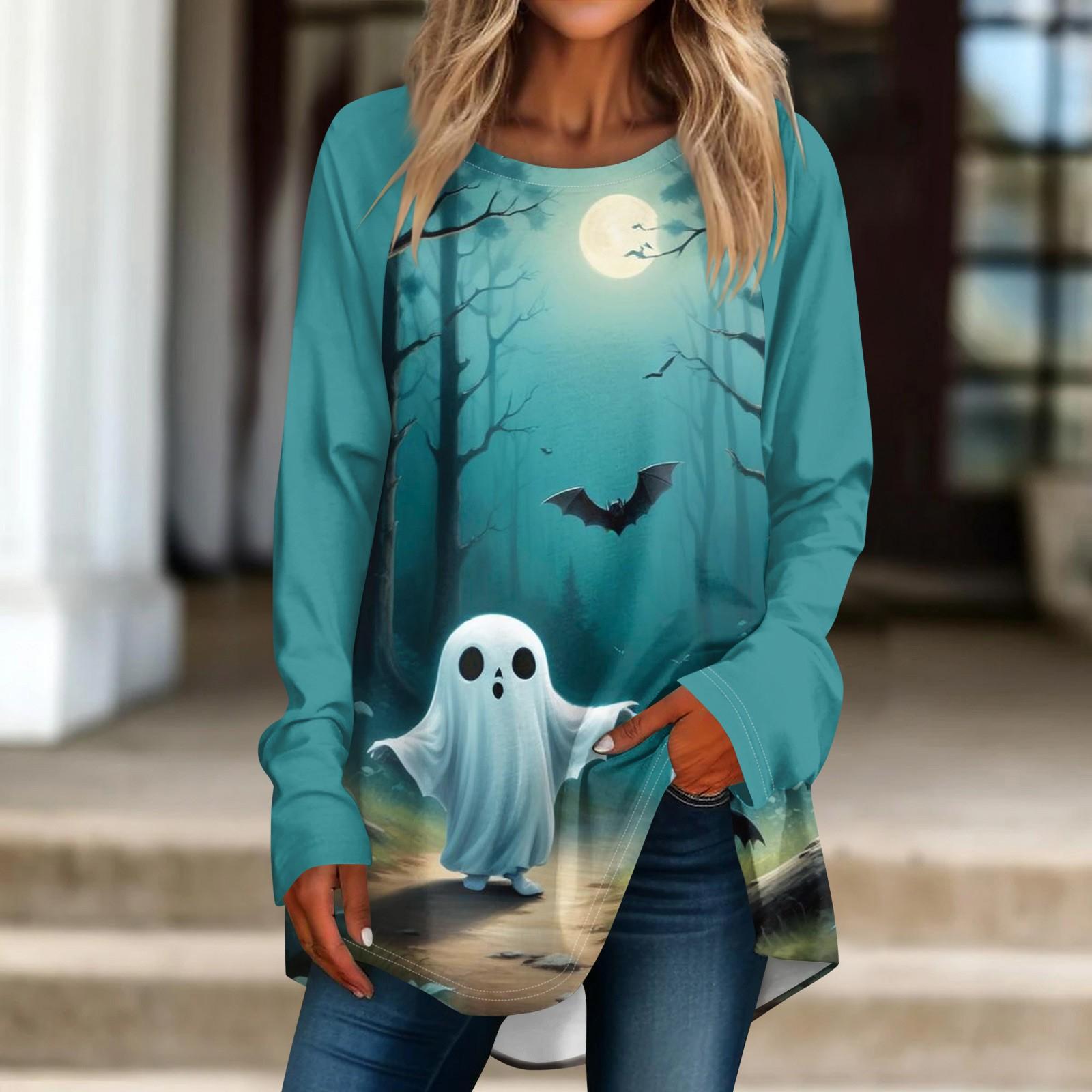 

Женская свободная футболка с круглым вырезом и длинными рукавами, верхний пуловер для Хэллоуина S синий