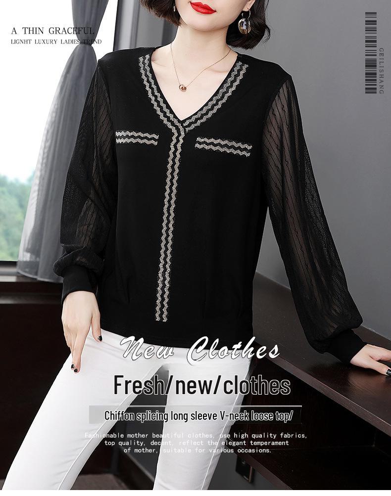 Women's Black Chiffon Spliced Knitted V-Neck Pullover: Loose-Fitting, Long-Sleeved Spring Commuter Top.