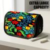 1pc Double Layer Flip Pencil Case, Vibrant Floral Pattern Bold Red Petals Turquoise Leaves, Large Capacity, Portable Polyester Pen Storage Bag with Zi