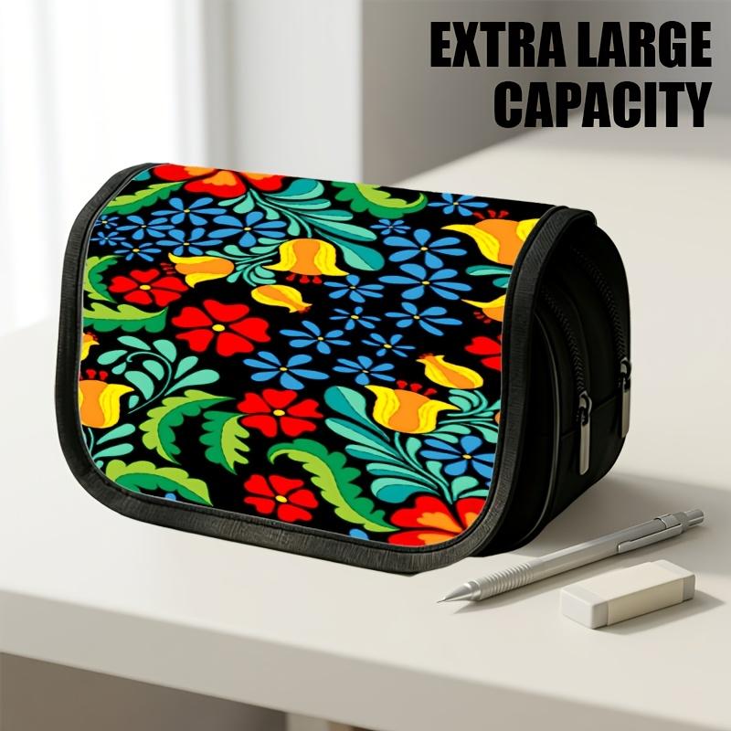 1pc Double Layer Flip Pencil Case, Vibrant Floral Pattern Bold Red Petals Turquoise Leaves, Large Capacity, Portable Polyester Pen Storage Bag with Zi