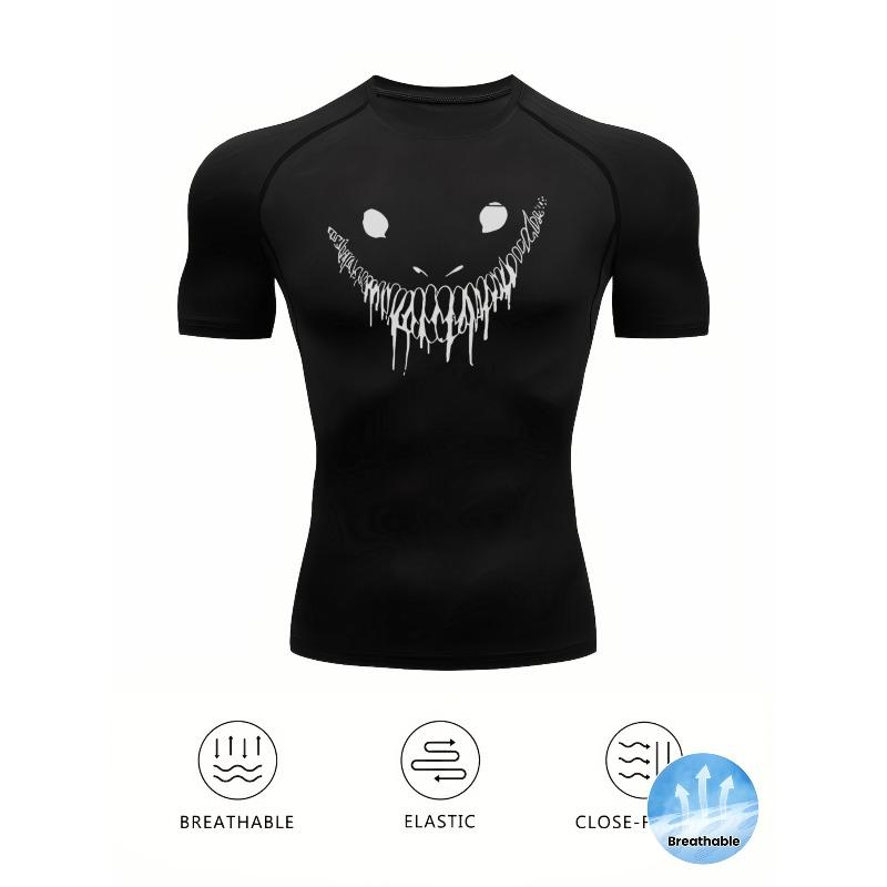 Mens Black Compression Short Sleeve T-Shirt Dripping Smile Face Graphic Quick Dry Breathable High Elasticity Gym And MMA Athletic Top