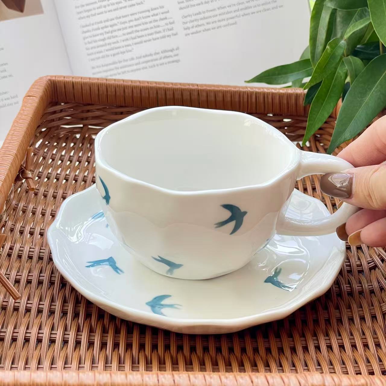 

Hand pinched irregular retro painted blue little swallow ceramic coffee cup saucer underglaze afternoon tea cup dish set Coffee cup saucer