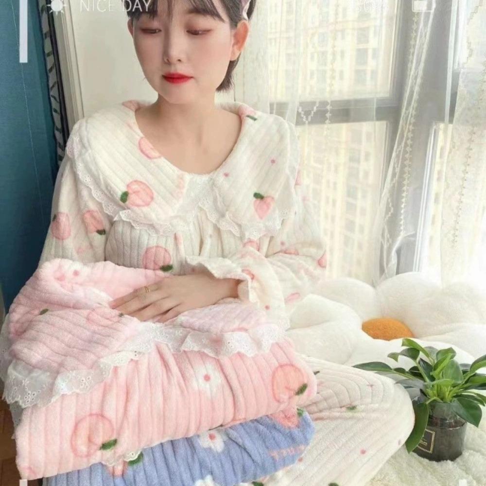 **Kadın Flanel Pijama Takımı Yuvarlak Yaka Jakarlı Uzun Peluş Kalın Sıcak Ev Giyimi**
