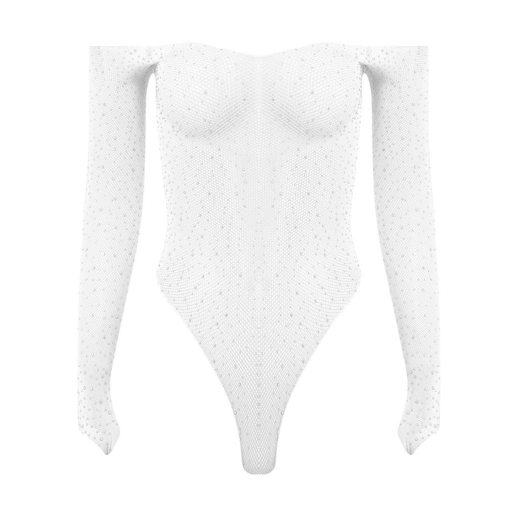 Damen glänzender Strassnetz-Off-Shoulder-Body mit langen Ärmeln, dehnbar