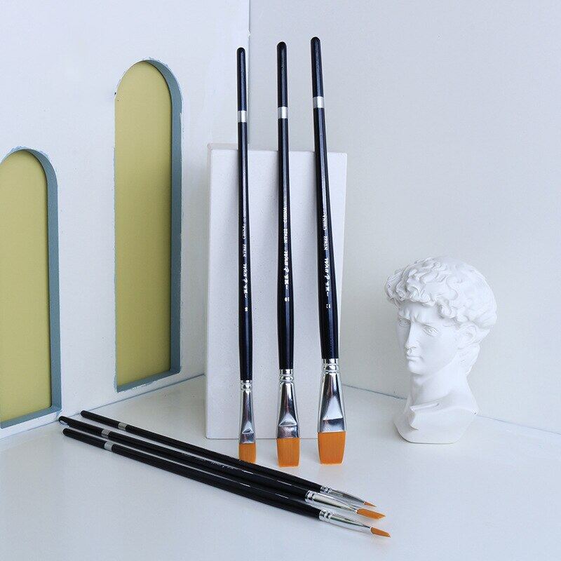 JOWOART 6 Pezzi Fornitura per Artisti Manico Lungo in Betulla Capelli in Nylon Testa Piatta Pennello per Pittura Guazzo Acquerello Acrilico Set di Pennelli per Pittura Materiali per Arte