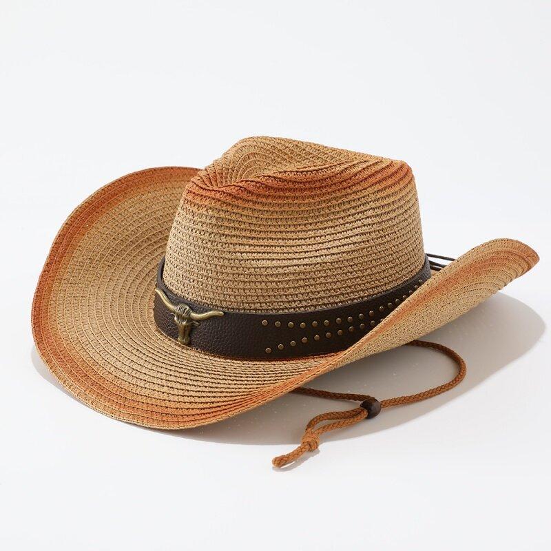 European and American Fashion Big Eaves Western Cowboy Hat Women's Spring and Summer New Rolled Edge Bull Head Sunscreen Shade Straw Hat