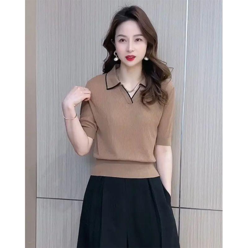 

Polo V-neck Ice Silk Slim-Fit T-shirt Short-Sleeved Sweater Khaki XL