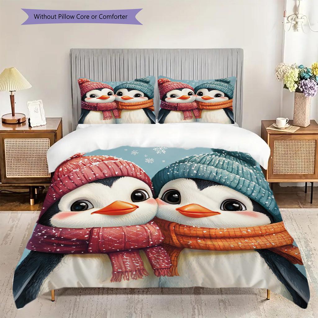 Penguin Pattern Bedding Quilt Set Quilt Cover Pillowcase Home Decoration Birthday Gift (1 * duvet cover + 2 * pillowcase, without core)