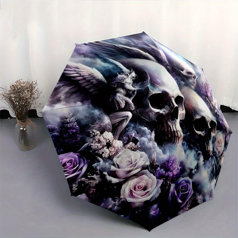 1pc Skulls Angels and Roses Fully Automatic Folding Portable Umbrella, 8 Iron Frames, Three-Fold Design, Suitable for All Seasons, Suitable for O