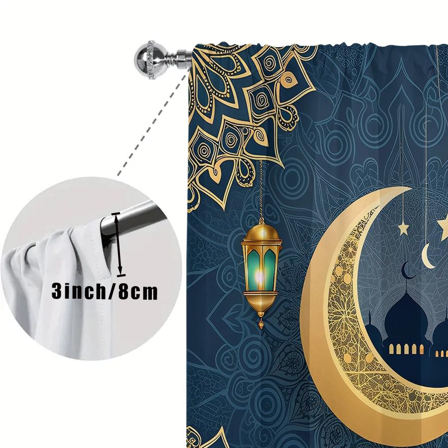 2 Pack Navy Blue and Gold Mandala Crescent Curtains, Flat Print, Ramadan Eid Window Decor, Living Room Bedroom Decor