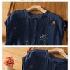 Women Navy Blue Cotton Linen Floral Embroidered Sleeveless Button Blouse With Ruffle Neck Summer Casual Top