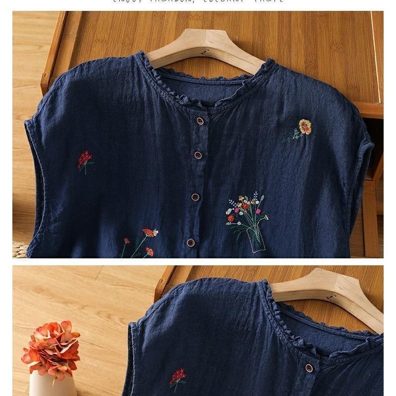 Women Navy Blue Cotton Linen Floral Embroidered Sleeveless Button Blouse With Ruffle Neck Summer Casual Top