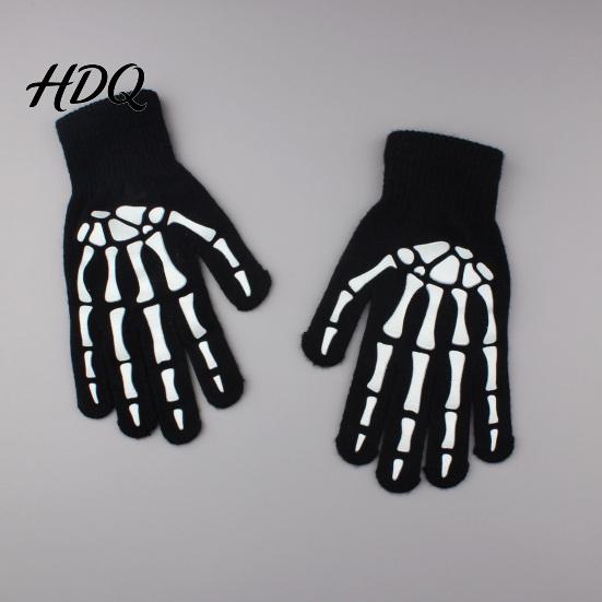 Funny Scary Party Costume Props Halloween Glow‑In‑The‑Dark Skeleton Knit Gloves Luminous Skull Bone Print Atmospheric Photo Full‑Finger