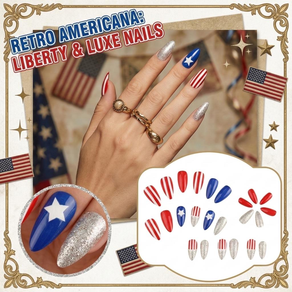 Conjunto de Unhas de 24 Peças Retro e Deslumbrante para o Dia da Independência