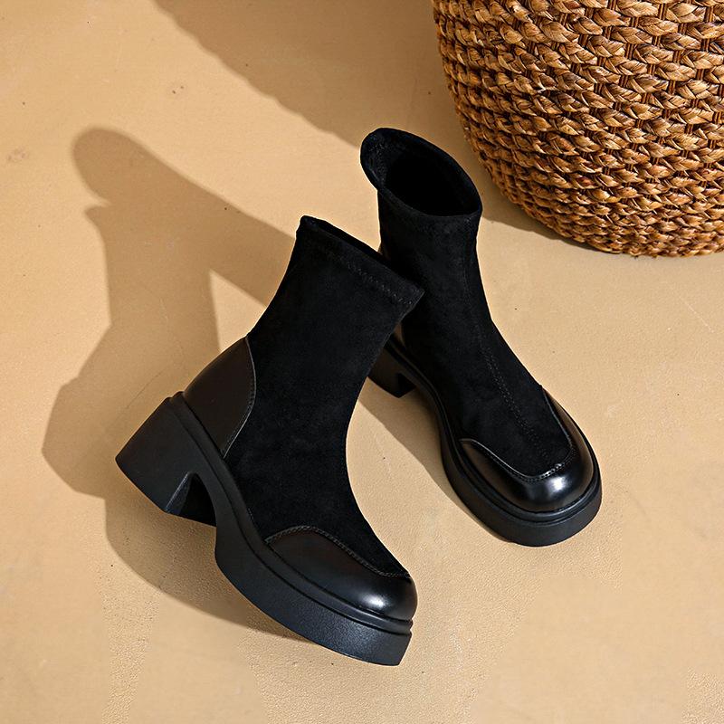 Martin boots women's 2025 autumn and winter new thin and heightened platform short boots thick heel elastic thin boots velvet women's shoes