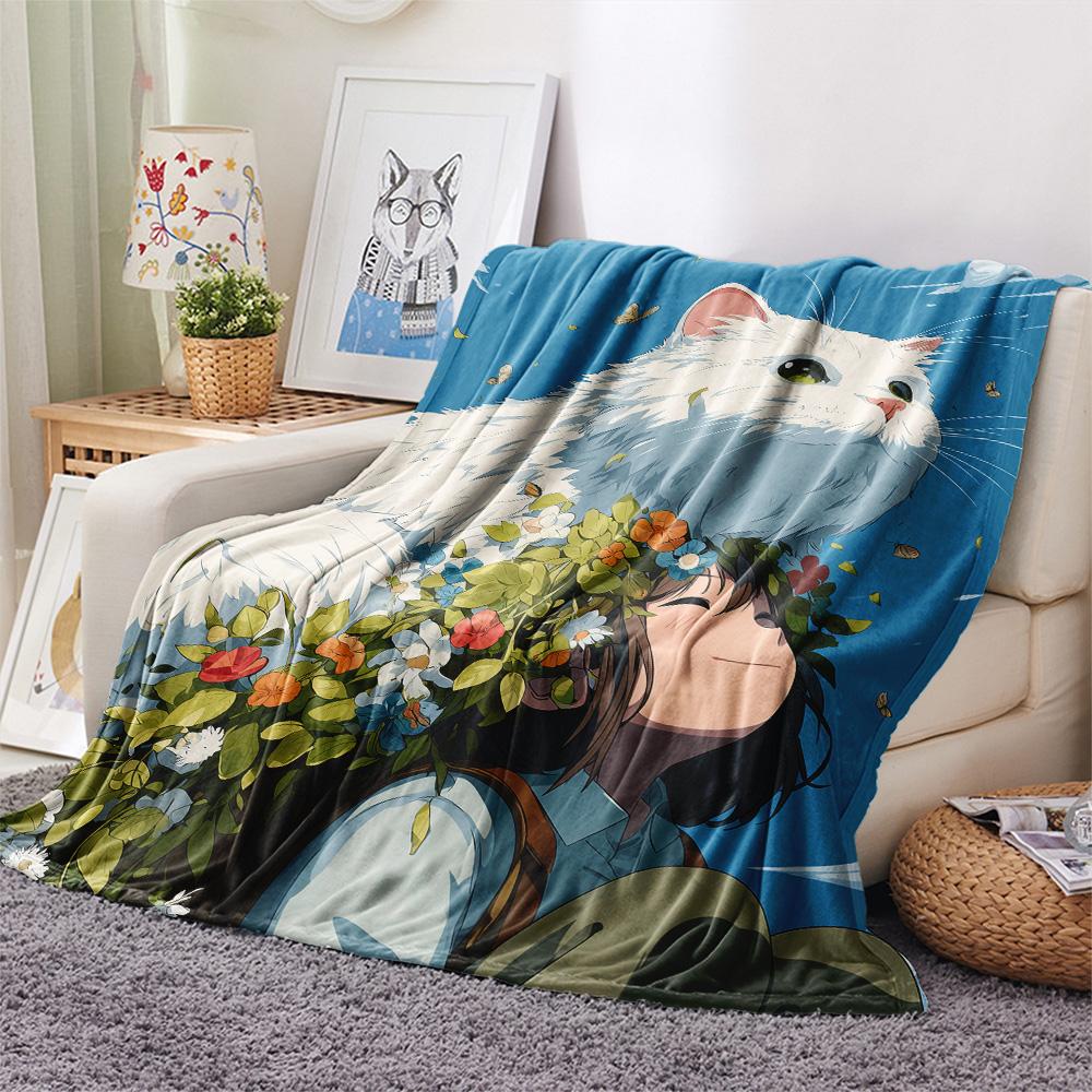 Cat Women Print Flannel Blanket, High quality Comfortable for All Seasons, Home Decor, Warmth and Comfort