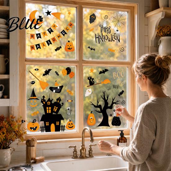 Halloween Window Stickers 4 Sheets Electrostatic Glass Stickers Cartoon Pumpkins Castle Bats Decals PVC Waterproof Static Clings for Windows