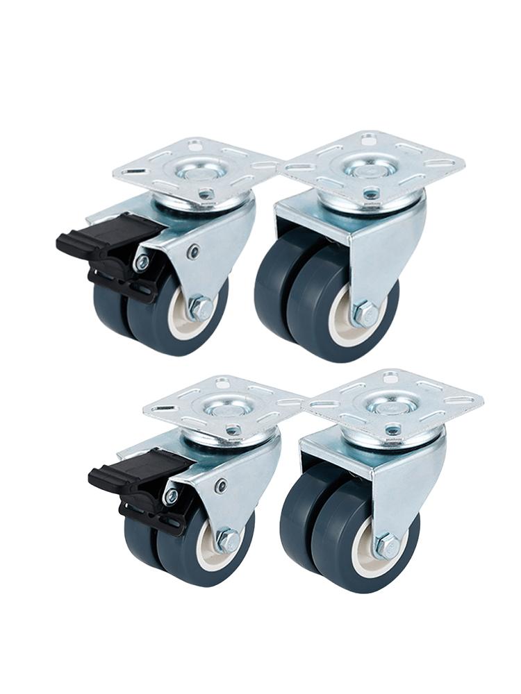 4-Pack Heavy Duty Plate Casters Silent Swivel Wheels with Lock, Furniture Trolley, Durable, Silver Finish