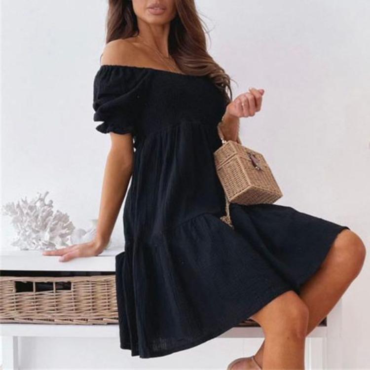 Off-Shoulder Minikleid Damen Rüsche Elastisch Einfarbig Kurzarm Date-Kleid
