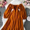 Gentle Style Dress Autumn SpringNew Female French Retro Square Collar Foreign Style Bubble Sleeve Chiffon Dresses