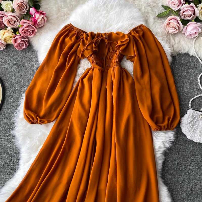Gentle Style Dress Autumn SpringNew Female French Retro Square Collar Foreign Style Bubble Sleeve Chiffon Dresses