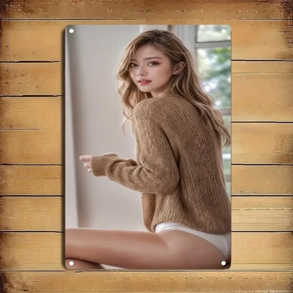 Beige Metal Wall Art Woman - Durable 2D Decor for Home, Cafe, Bar