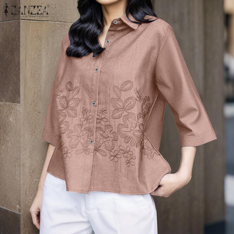 ZANZEA Dame Bluse med nedbrettskrage, 3/4-ermer, løs passform, broderi