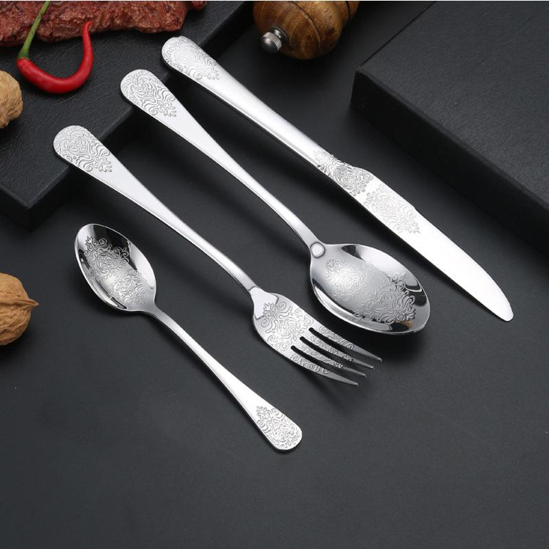 Stainless Steel Silver Tableware Cutlery Set with Knife Fork Spoon Silverware Set for Restaurant Hotel Handle Exquisite carving