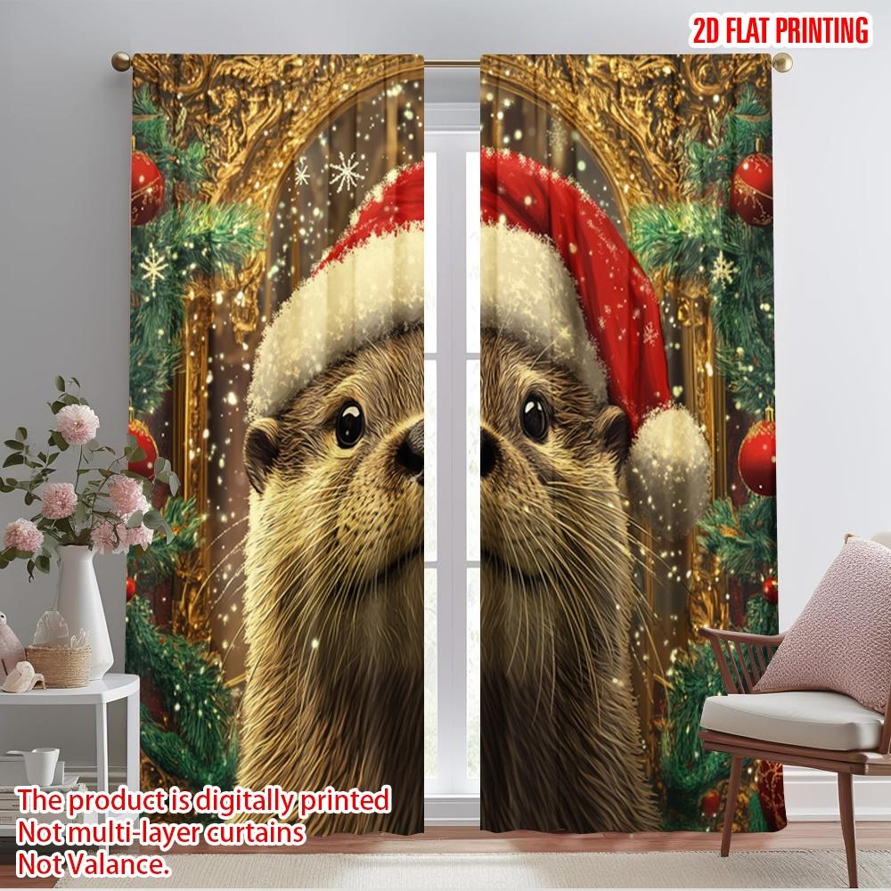 

2pcs,2D plane printing Light Filtering Curtains Cute Otter Christmas Hat (3) Versatile Durable Polyester (without rod) Holiday 52.50×116.00 CM 2pcs