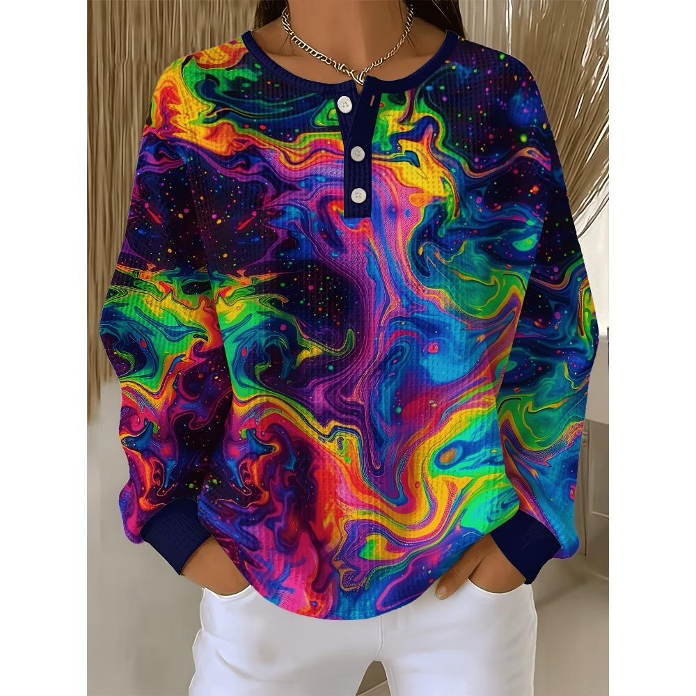Women's Plus Size Sweatshirt with Colorful Starry Sky Fluid Print