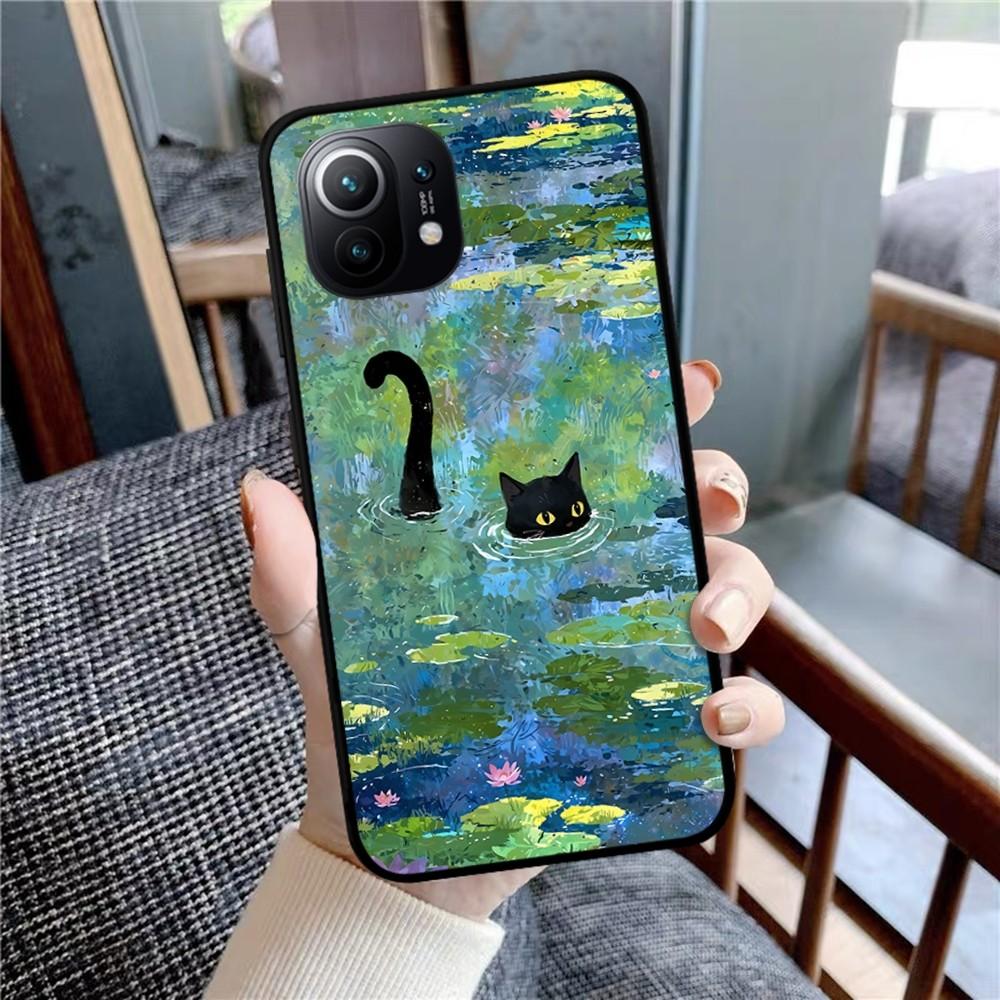 Cartoon Animal Black Cat Oil Painting Phone Case For Xiaomi Mi 5X 8 9 10 11 12 Lite Pro 10T PocoX3pro PocoM3 Note 10 Pro Lite