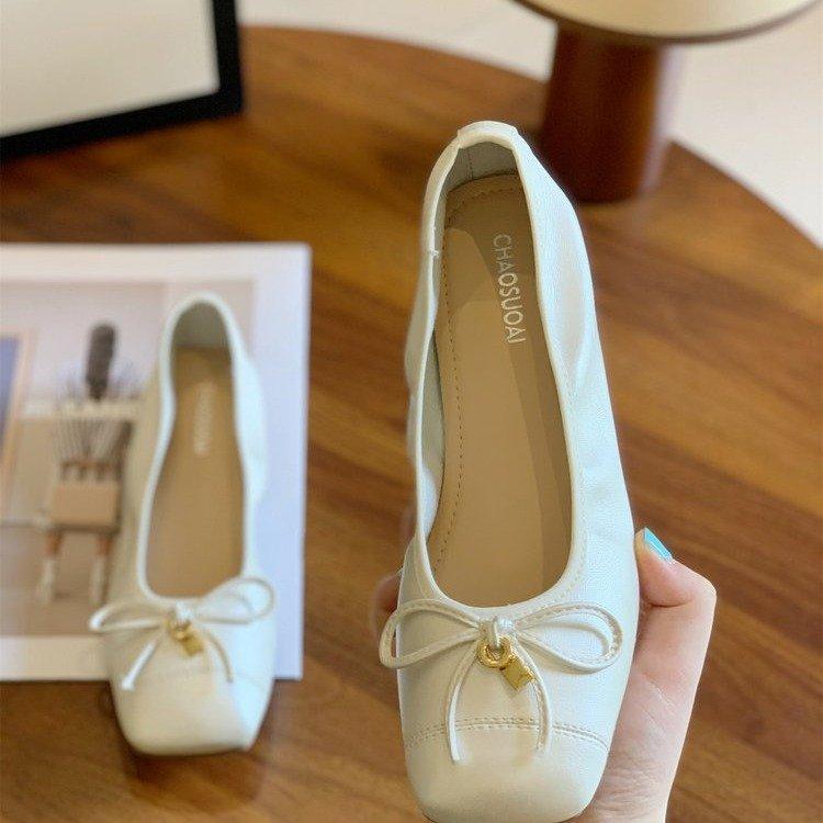 2025 autumn French flat-soled single shoes women's new soft-soled bow one-pedal Mary Jane shoes shallow-mouth grandma shoes