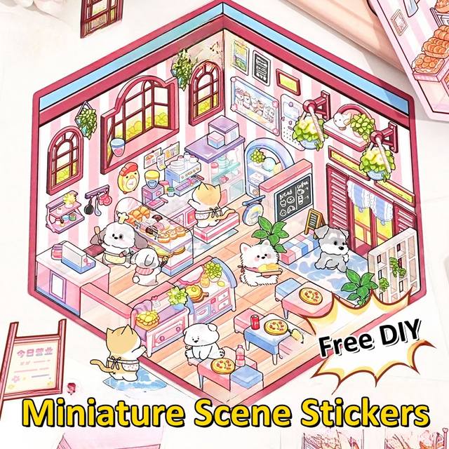 3D Landscaping Stickers Cartoon Miniature Scene DIY Cabin Scene Stacking And Pasting Hand Account Stationery Gift For Kid Child