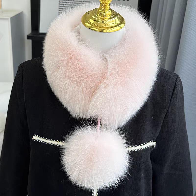 Damen Schal im Koreanischen Stil aus Echter Fuchsfell mit Großem Bommel und Magnetischem Verschluss - Beidseitig, Vielseitiger Nackenschutz für Herbst und Winter