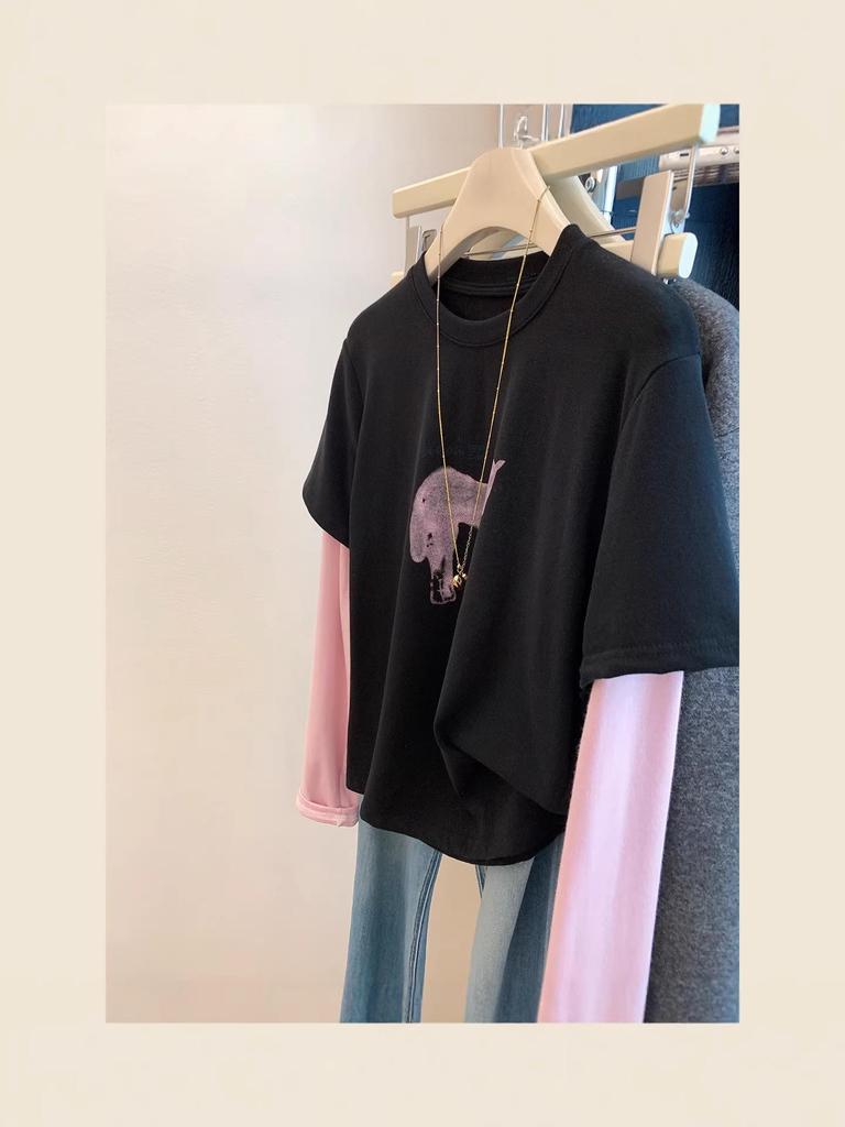 Absolutely Beautiful Plush Fleece Horse Print Layered Women's T-Shirt for 2026 Spring/Autumn - Trendy Round Neck Design
