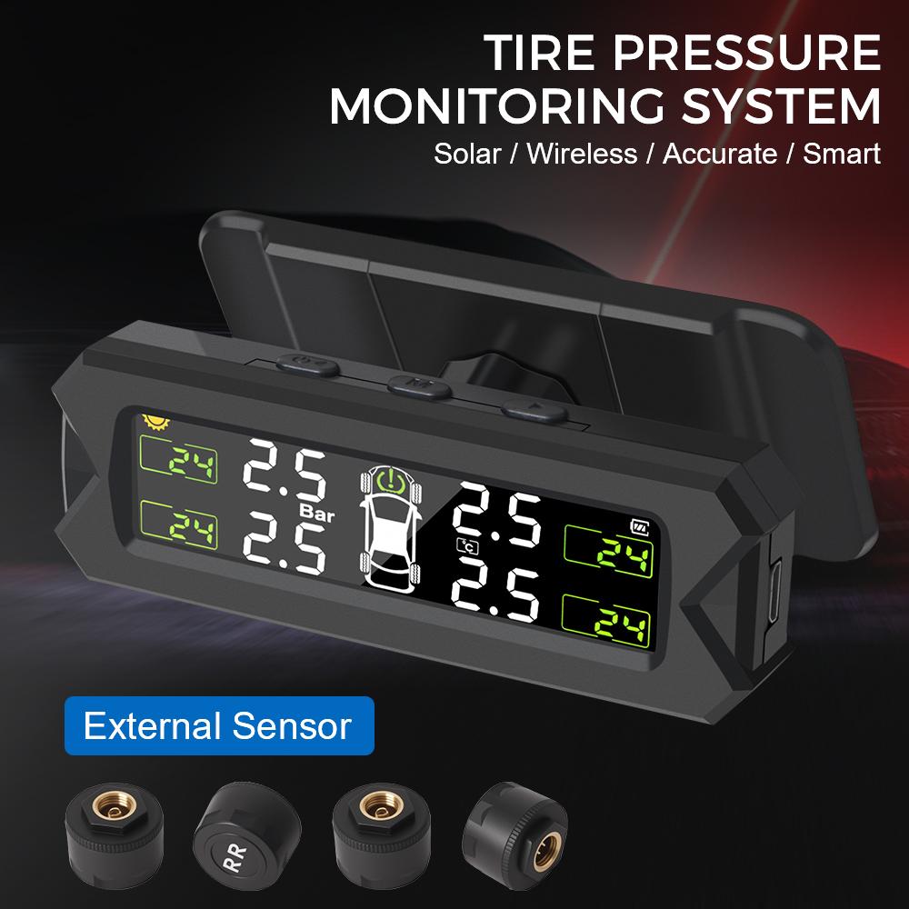 Reifendrucksensor Reifendruckkontrollsystem Solarenergie Auto Sicherheitsalarm Auto TPMS Temperaturwarnung 4 Interne Externe Sensoren