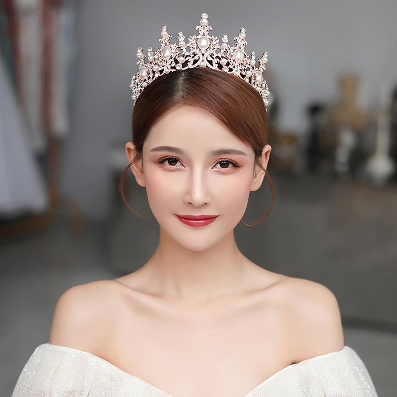 Baroque Rose Gold Color Crystal Pearls Bridal Tiaras Crown Rhinestone Pageant Diadem Headbands  Wedding Hair Jewelry