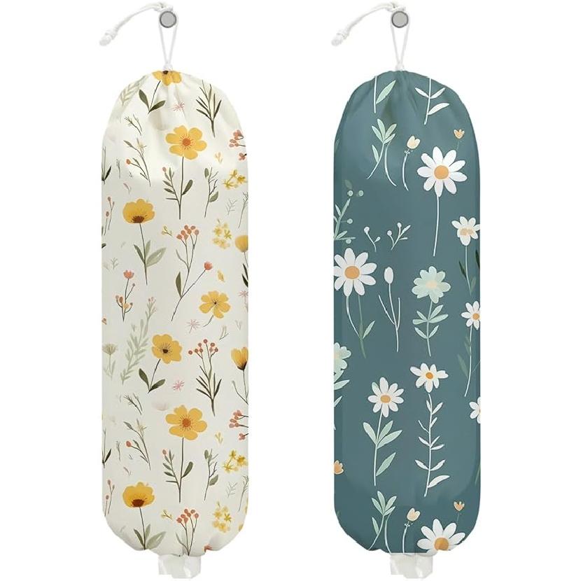 2Pcs Bee Plastic Bag Holder, Wall Mount Grocery Bag Holder for Plastic Bags, Sunflower Reusable Grocery Bags Storage Dispenser for Home Kitchen