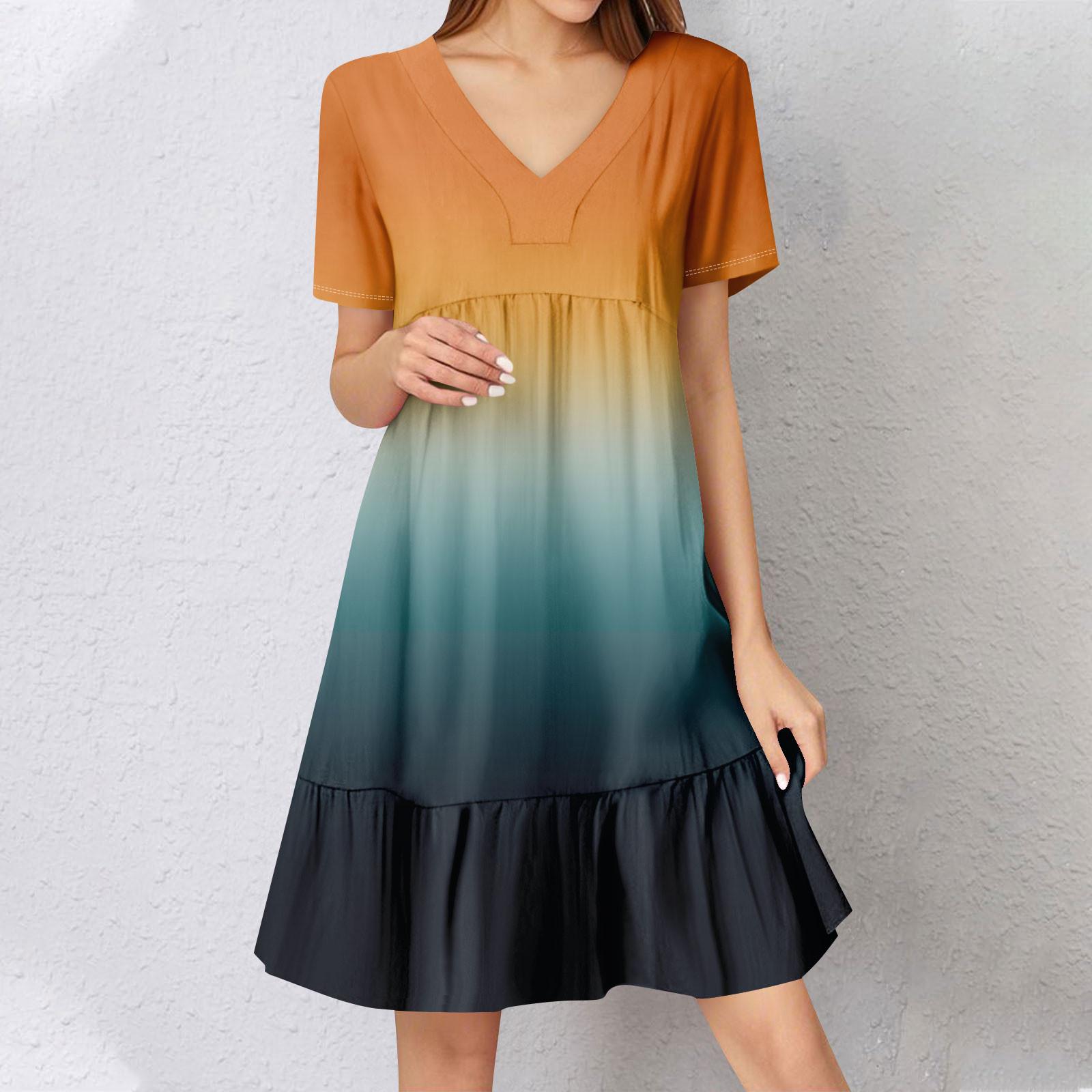 

Женское летнее платье с коротким рукавом и V-образным вырезом, короткие платья, модное повседневное струящееся бохо-платье с оборками, А-силуэт, свободное платье-халат XXL