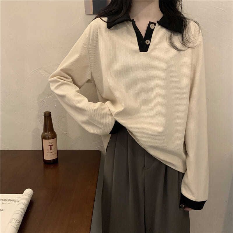 Knitwear Spring and Autumn Thin Models Lapel Positive Shoulder Tops Female Polo Shirt Thin Hundred Ins Long-sleeved Inner Take Tops