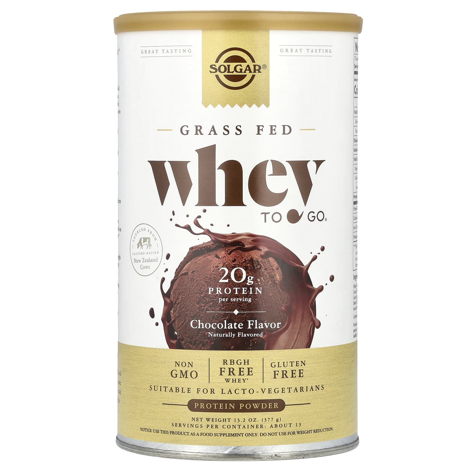 

Solgar, Grass-Fed Whey To Go®, Protein Powder, Chocolate Flavor, 13.2 oz (377 g)
