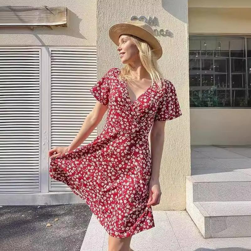 Fashion Women Summer Short Sleeved Floral Dress V-neck A-line Party Holiday Medium and Long Dresses Elegant Printed Simple Women's Clothing