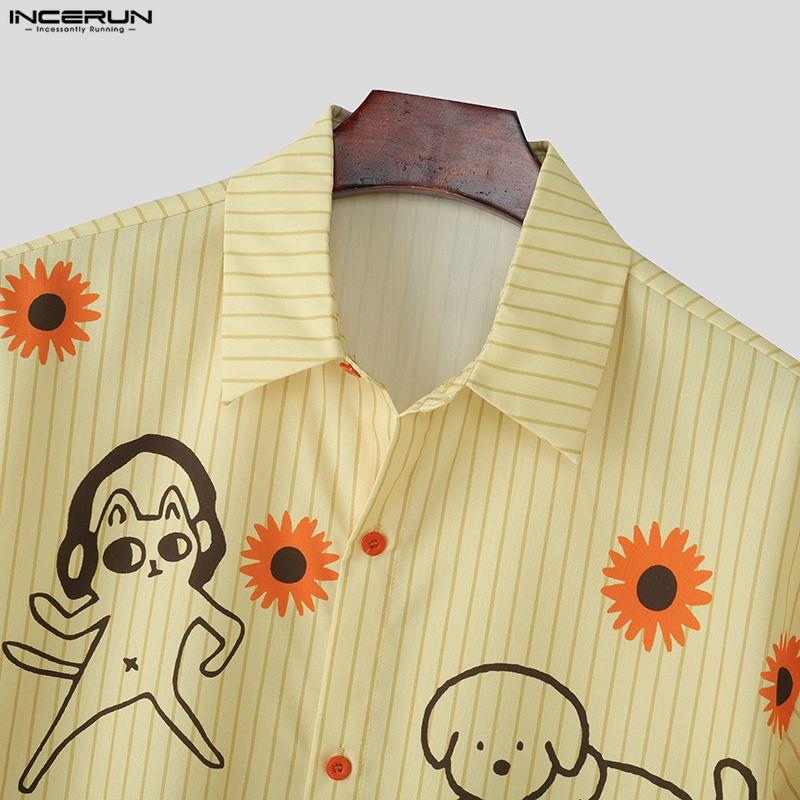 INCERUN Oversized Men Lapel Neck Short Sleeve Cartoon Print Casual Loose Shirts