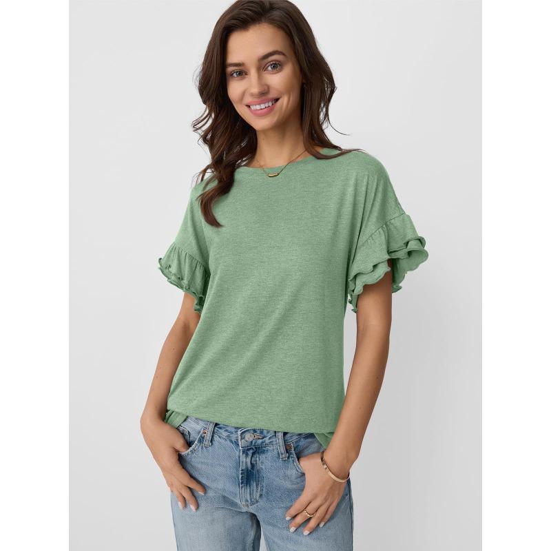 Spring and Summer New Solid Color Round Neck Ruffle Sleeve Short-sleeved T-shirt Top