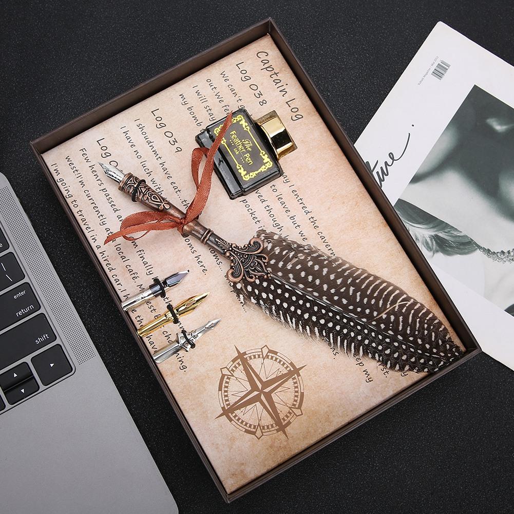 Feather Pen Set Natural Pattern Writing Tools Retro Craft Collection for Banquet SignatureBlack
