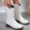 Damen Herbst-Winter Bestickte Mittellange Mode-Stiefel, Retro-Stil, Blockabsatz Langstiefel.