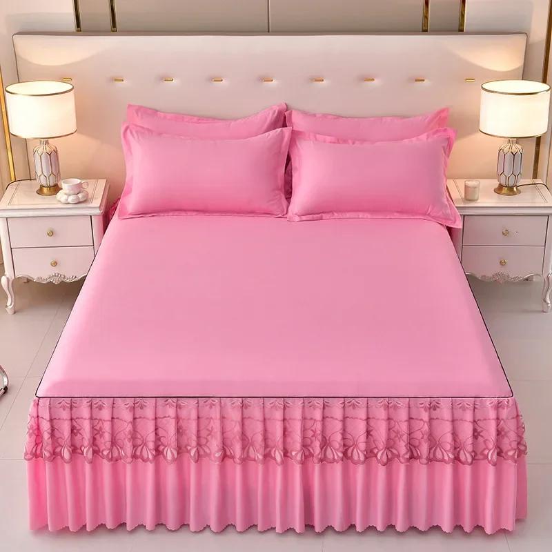 3/1P Bed Sheet Lace Skirt Elastic Fitted Double Bedspread With Pillowcases Mattress Cover Bedding Set Elastic King Size Bedsheet