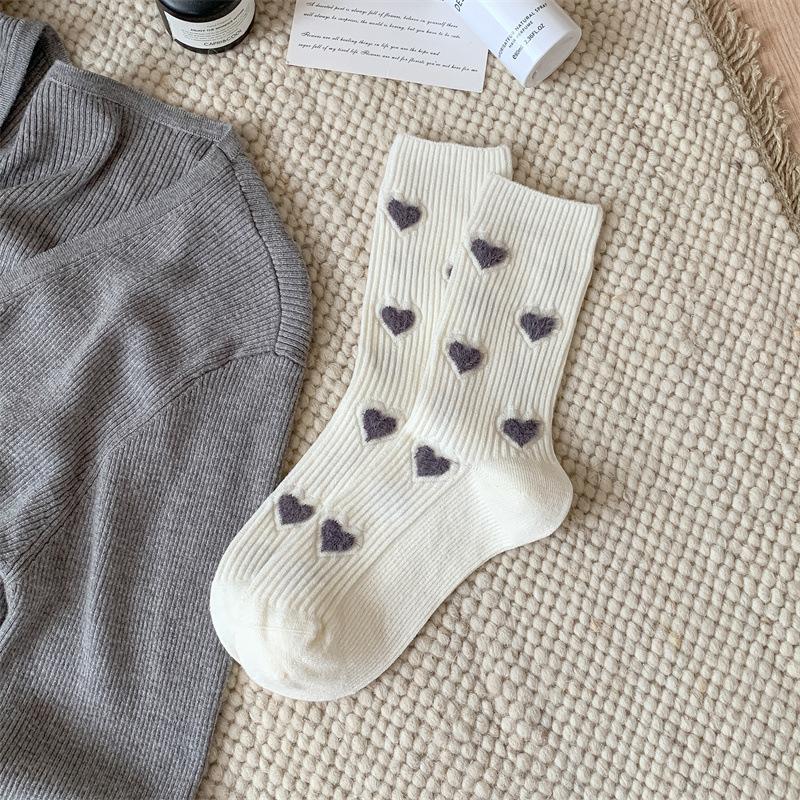New Flocked Love Imitation Cashmere Socks Vertical Bar Mid-Leg Socks Thickened And Warm, Solid Color Simple Stacked Socks