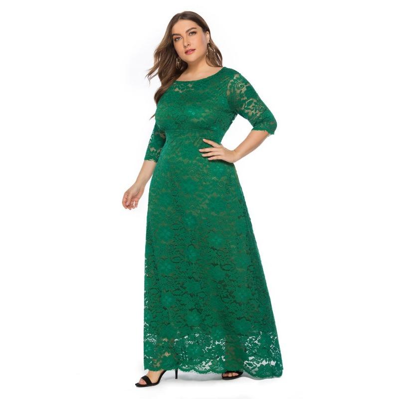 Trendig Plus Size Spetsad Kvällsklänning med Fickor och Urskurna Korta Ärmar